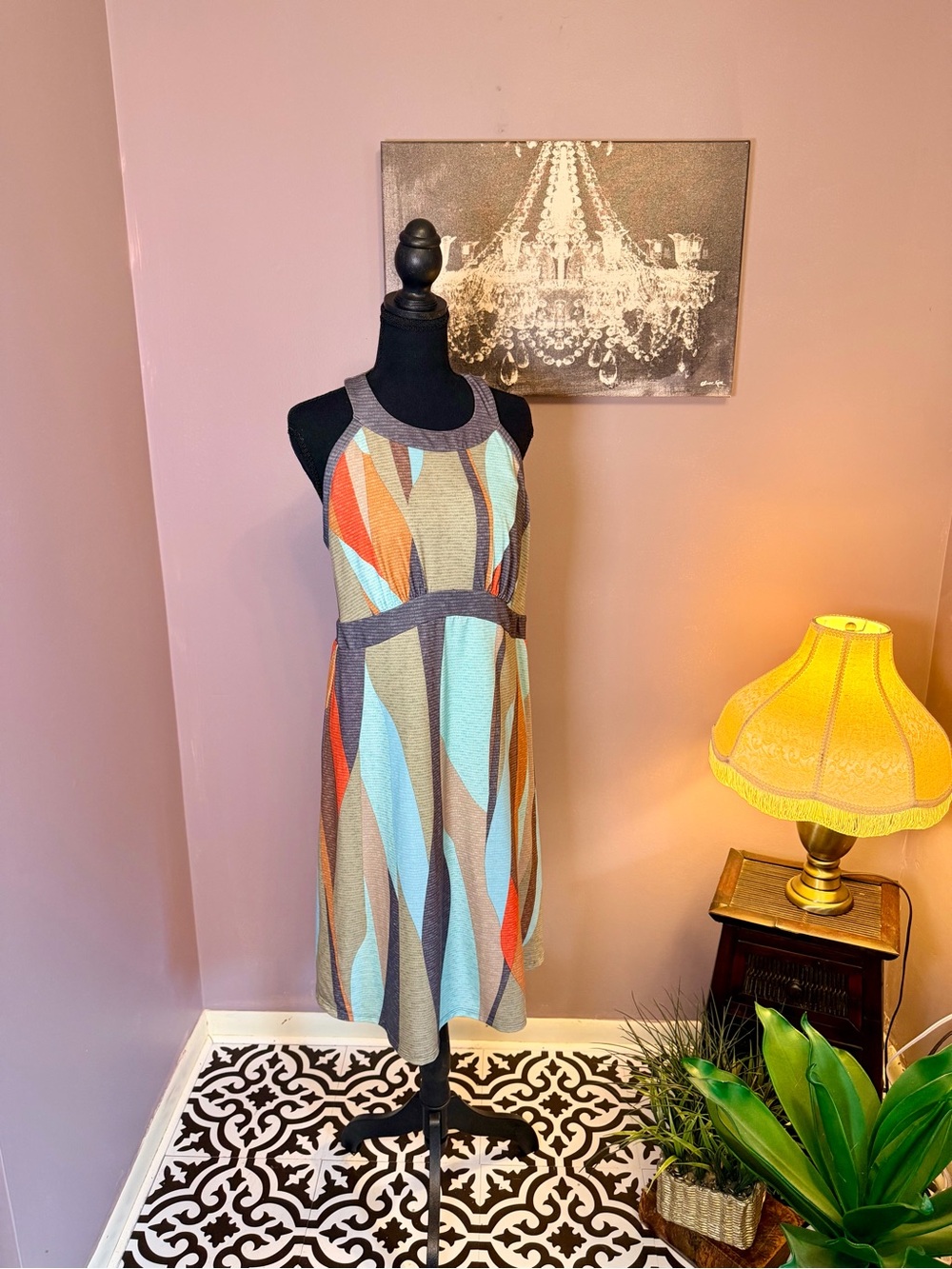 Prana Calexico Sleeveless Midi Dress in Teal, Orange, Brown and Cream